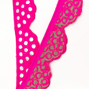 Fuchsia Pink Mirror Trim, Kutch Embroidered Navratri Garba Dress Trim Bridal Lace, Indian Sari Border 40 mm Wide Trim Per Yard